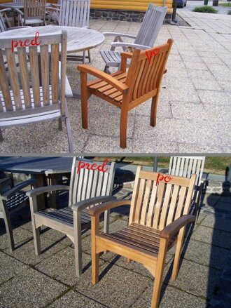 Porovnanie výsledku pred a po čistení teakových záhradných stoličiek JetCleanom ( Tále 2009 )